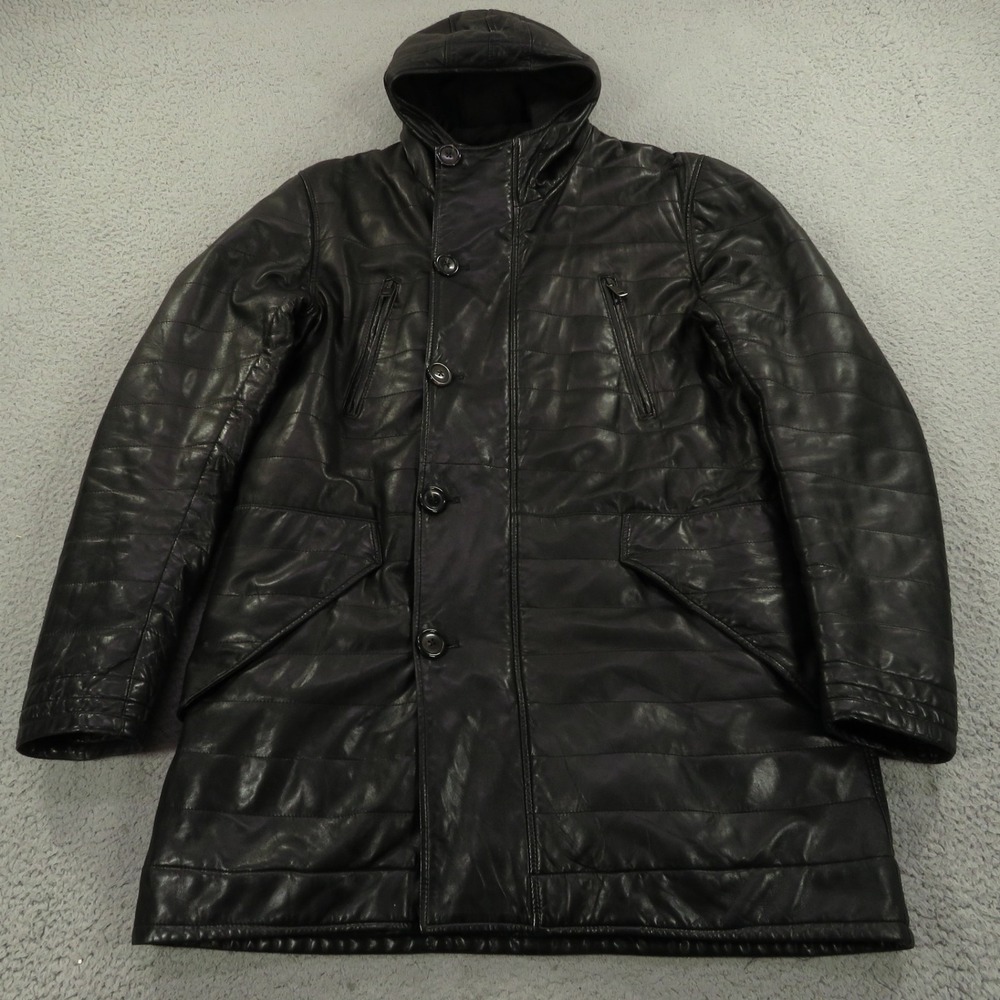 Ralph Lauren Black Label Leather Jacket Mens XL Hooded Moto Full Zip Trench Coat